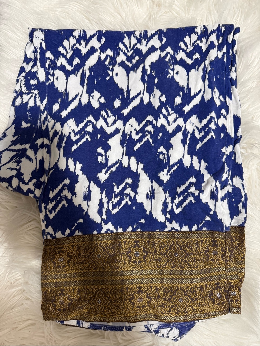 Sudara Blue, White and Gold Ikat-Style Pajama Pants